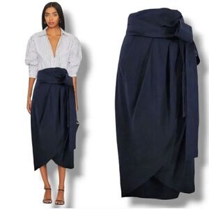 NEW Whit Silk and Linen Blend Tulip Wrap Midi Skirt in Navy Blue Size 4